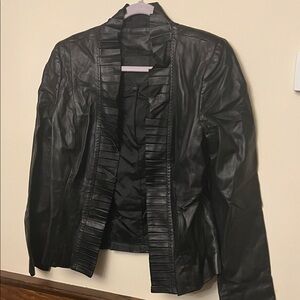 Women's Black real Leather Ruffle-Trim Jacket